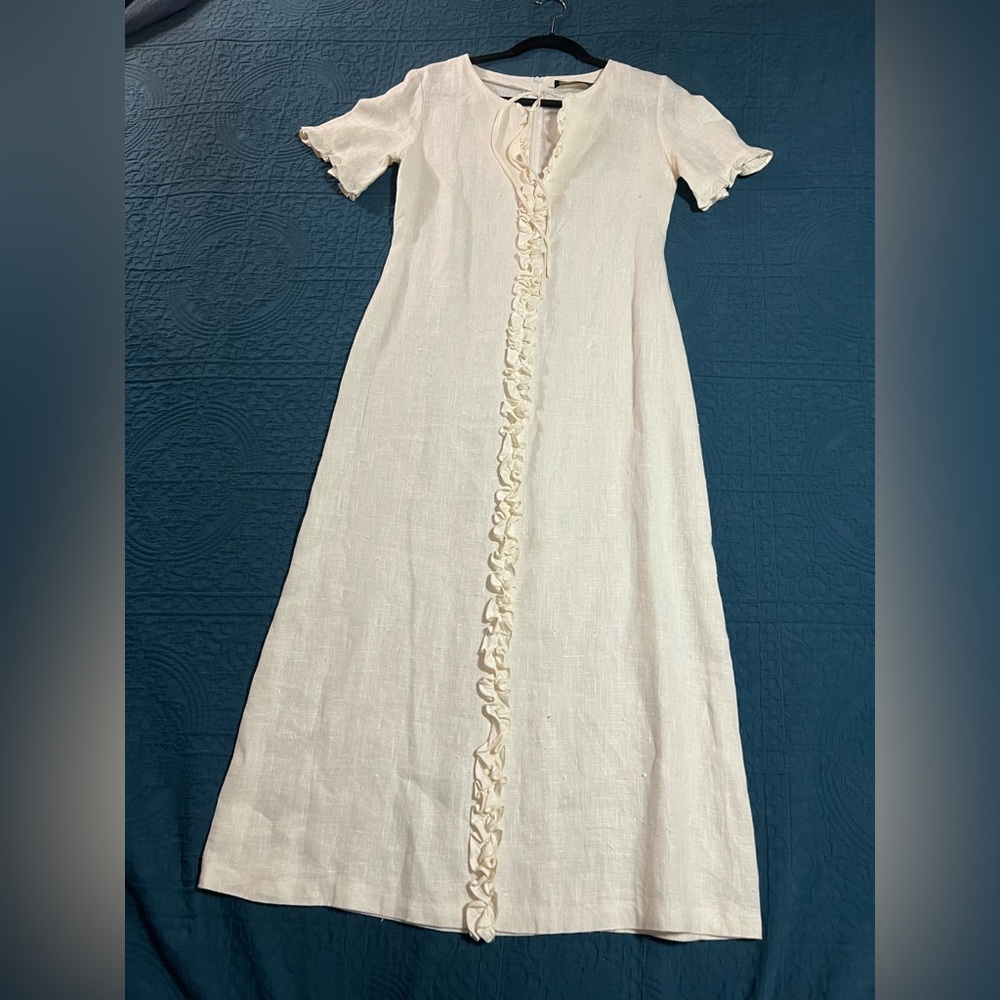 Harvé Benard Linen Cream Flutter Sleeve Maxi Dress with Ruffle Detail size S